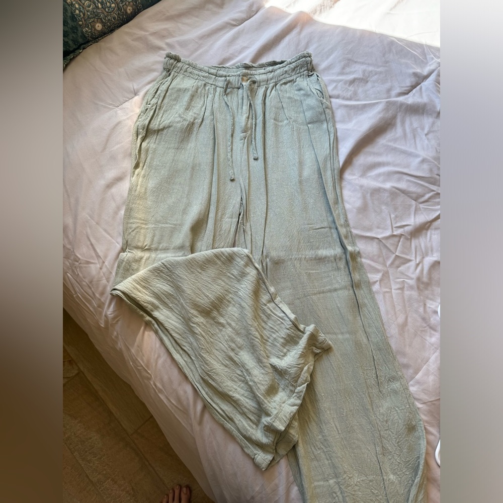 Wide Leg Linen-Blend Drawstring Pants — Sage Green